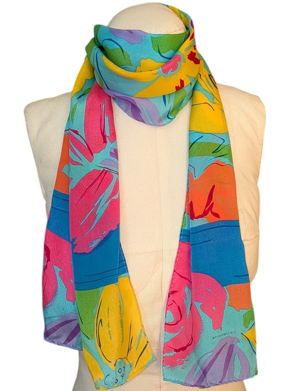 Rare Liz Claiborne Long SILK Saturated Floral Scarf Wrap Cover-Up Sarong Tie